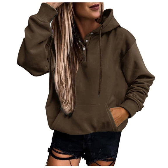 Telankuip Casual Button up Hoodies for Women Oversized Long Sleeve Drop Shoulder Solid Color Sweatshirts Loose Fit Preppy Hooded Pullovers 2025 Fashion Clothes Brown XL