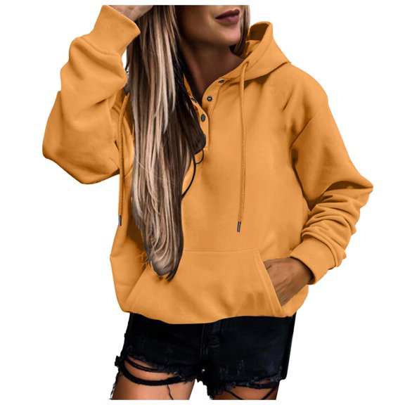 Telankuip Casual Button up Hoodies for Women Oversized Long Sleeve Drop Shoulder Solid Color Sweatshirts Loose Fit Preppy Hooded Pullovers 2025 Fashion Clothes Gold S