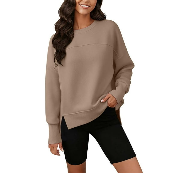 Telankuip Casual Crewneck Sweatshirts Womens Solid Color Relaxed Fit Pullover Tops Soft Comfort Trendy Sides Split Long Sleeve Simple Splicing Workout Tops Fall Winter Outfits Khaki M