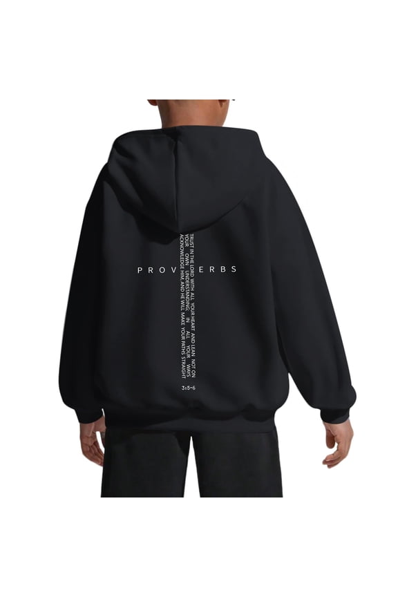 Christian Hoodies for Kids Boys Religious Jesus Faith Cross Sweatshirts Vintage Bible Verse Graphic Loose Long Sleeve Hooded Pullover Tops with Pocket Fashion Streetwear Black 150