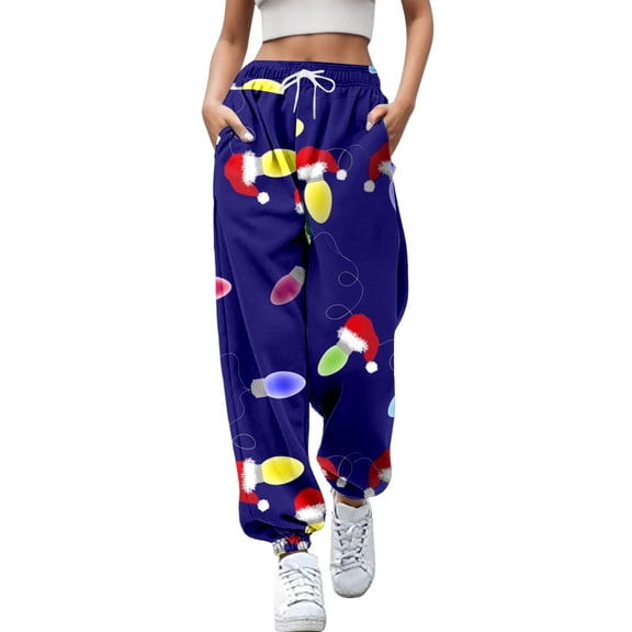 Telankuip Christmas Cute Full Printed Pants for Women High Waisted Drawstring Baggy 2025 Cinch Bottom Sweatpants Loose Comfort Joggers X-Mas Holiday Casual Trousers Purple S