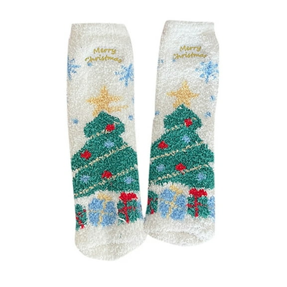 Telankuip Christmas Cute Fuzzy Socks for Women Funny X-Mas Theme Graphic Printed Fluffy Thick Warm Winter Medium Tube Socks Soft Cozy Home Sleeping Casual Mid-Calf Socks White One Size