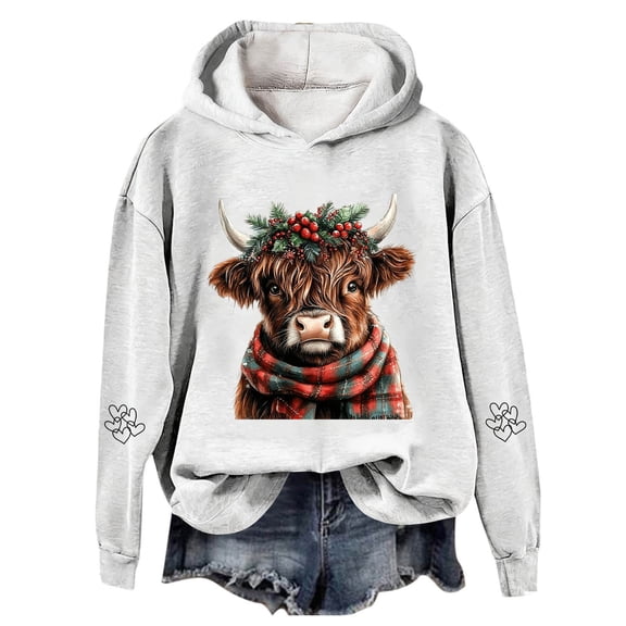 Telankuip Christmas-Dressed Highland Cow Hoodies 2025 Fashion Womens Soft Comfort Cute Graphic Pullover Sweatshirts Fall Long Sleeve Hooded Tops Casual Stylish Winter Clothes White S