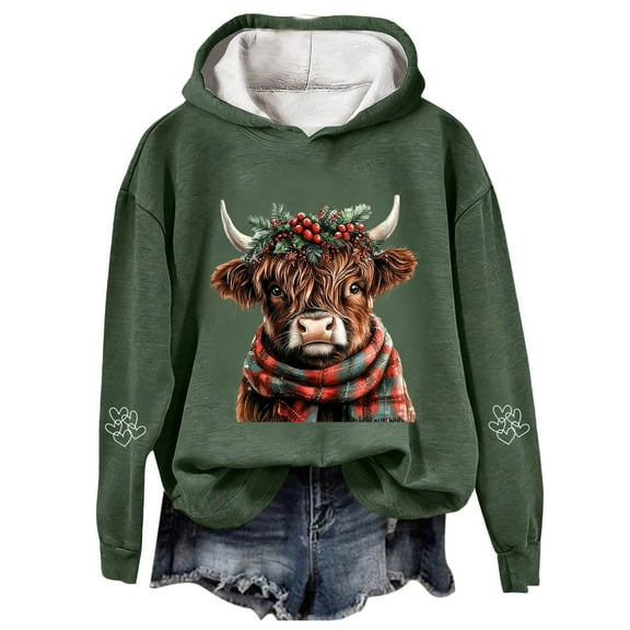 Telankuip Christmas-Dressed Highland Cow Hoodies 2025 Fashion Womens Soft Comfort Cute Graphic Pullover Sweatshirts Fall Long Sleeve Hooded Tops Casual Stylish Winter Clothes Green S