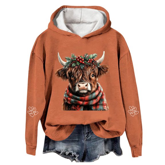 Telankuip Christmas-Dressed Highland Cow Hoodies 2025 Fashion Womens Soft Comfort Cute Graphic Pullover Sweatshirts Fall Long Sleeve Hooded Tops Casual Stylish Winter Clothes Orange XXL
