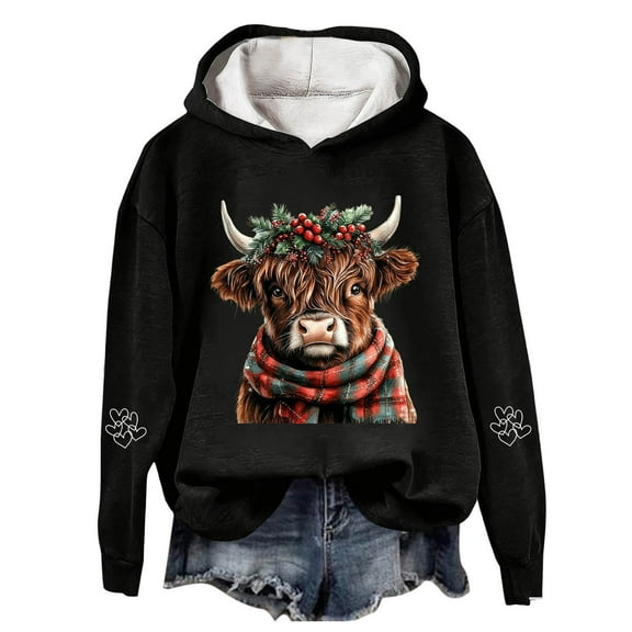 Telankuip Christmas-Dressed Highland Cow Hoodies 2025 Fashion Womens Soft Comfort Cute Graphic Pullover Sweatshirts Fall Long Sleeve Hooded Tops Casual Stylish Winter Clothes Black S