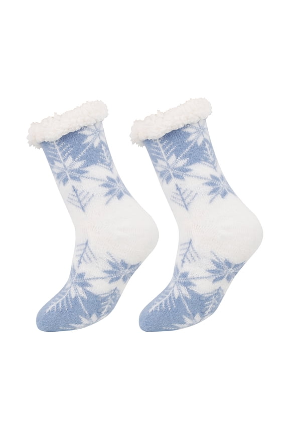 Christmas Fuzzy Floor Mid-Calf Socks for Women Winter Warm Thick Plush Lining Non Xmas Festival Home Socks Fashion Snowflake Pattern Design Slipper Socks Blue One Size