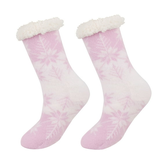 Telankuip Christmas Fuzzy Floor Mid-Calf Socks for Women Winter Warm Thick Plush Fleece Lining Non Slip Xmas Festival Home Socks Fashion Snowflake Pattern Design Slipper Socks Light Purple One Size
