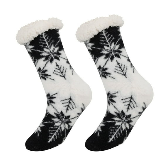 Telankuip Christmas Fuzzy Floor Mid-Calf Socks for Women Winter Warm Thick Plush Fleece Lining Non Slip Xmas Festival Home Socks Fashion Snowflake Pattern Design Slipper Socks Black One Size