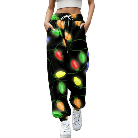 Telankuip Christmas High Waisted Casual Sweatpants for Women Cute Santa Claus Graphic Joggers Soft Drawstring Elastic Waist Wide Leg Baggy Trousers with Pockets Light Blue M