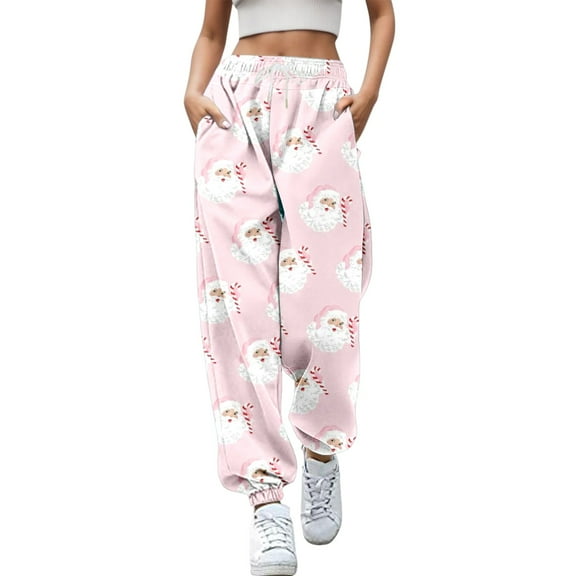 Telankuip Christmas High Waisted Casual Sweatpants for Women Cute Santa Claus Graphic Joggers Soft Drawstring Elastic Waist Wide Leg Baggy Trousers with Pockets Grey M