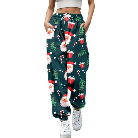 Telankuip Christmas High Waisted Casual Sweatpants for Women Cute Santa Claus Graphic Joggers Soft Drawstring Elastic Waist Wide Leg Baggy Trousers with Pockets Light Purple M