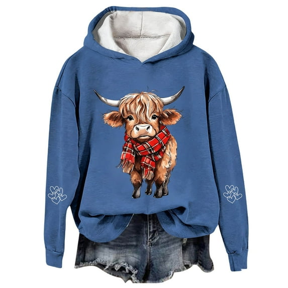 Telankuip Christmas Highland Cow Graphic Hoodies for Women Funny Animal Print Xmas Hooded Sweatshirts 2025 Fashion Loose Comfy Long Sleeve Soft Pullover Tops Blue L