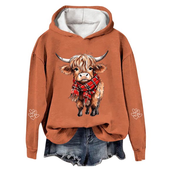 Telankuip Christmas Highland Cow Graphic Hoodies for Women Funny Animal Print Xmas Hooded Sweatshirts 2025 Fashion Loose Comfy Long Sleeve Soft Pullover Tops Orange L