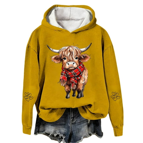 Telankuip Christmas Highland Cow Graphic Hoodies for Women Funny Animal Print Xmas Hooded Sweatshirts 2025 Fashion Loose Comfy Long Sleeve Soft Pullover Tops Yellow XXL