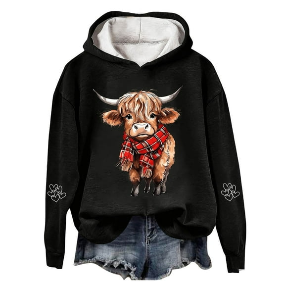 Telankuip Christmas Highland Cow Graphic Hoodies for Women Funny Animal Print Xmas Hooded Sweatshirts 2025 Fashion Loose Comfy Long Sleeve Soft Pullover Tops Black XL