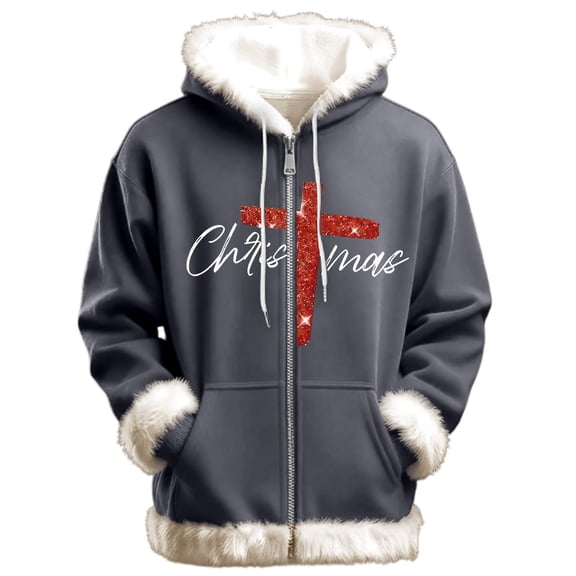 Telankuip Christmas Hoodies for Men Fuzzy Trim Zip up Drawstring Hooded Sweatshirts Christian Faith Long Sleeve Full Zipper Pullovers Oversized Xmas Holiday Tops Grey S
