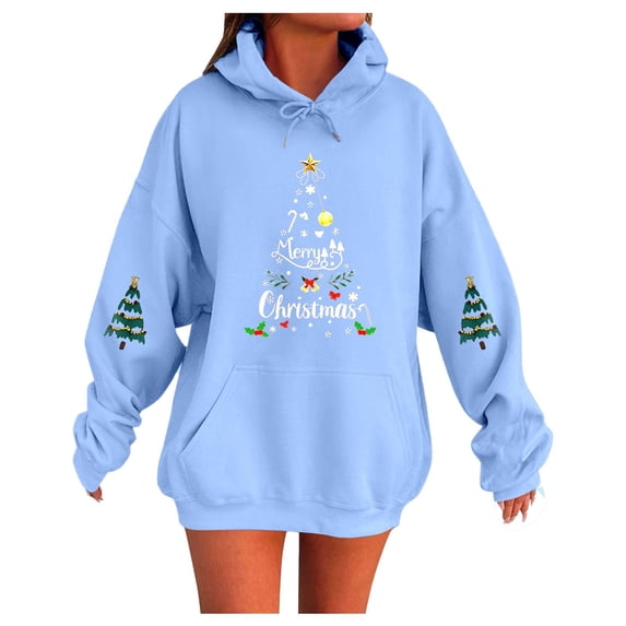 Telankuip Christmas Hoodies Sweatshirts for Women Cute Letter X-Mas Tree Drawstring Pullover Hoodies Oversized Drop Shoulder Cozy Long Sleeve 2025 Xmas Holiday Hooded Tops Light Blue S