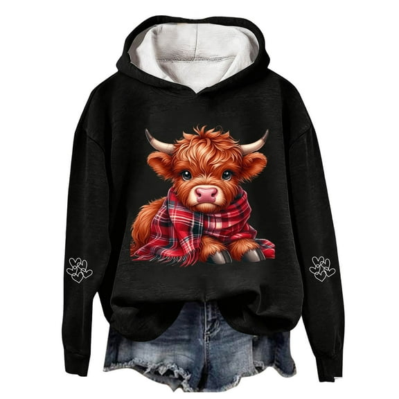 Telankuip Christmas Hoodies for Women Cute Highland Cow with Scarf Long Sleeve Hooded Sweatshirts Baggy Comfort Plus Size X-Mas Holiday Western Print Pullover Hoodie Black M