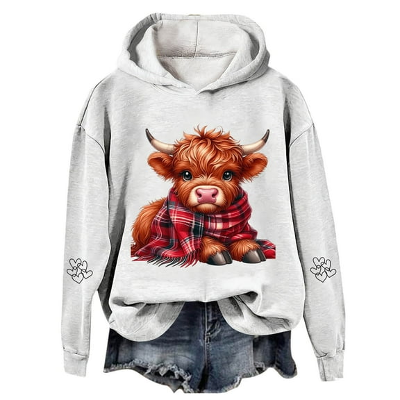 Telankuip Christmas Hoodies for Women Cute Highland Cow with Scarf Long Sleeve Hooded Sweatshirts Baggy Comfort Plus Size X-Mas Holiday Western Print Pullover Hoodie White M