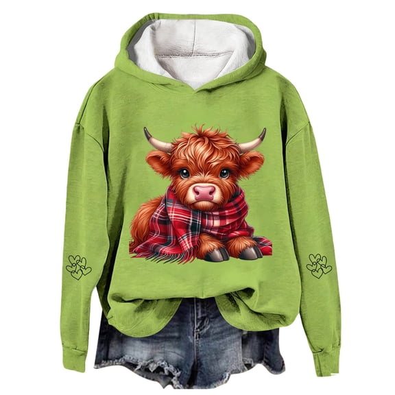 Telankuip Christmas Hoodies for Women Cute Highland Cow with Scarf Long Sleeve Hooded Sweatshirts Baggy Comfort Plus Size X-Mas Holiday Western Print Pullover Hoodie Light Green XXXL