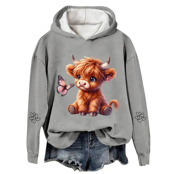 Telankuip Christmas Hoodies for Women Highland Cow Graphic Print Oversized Sweatshirts Loose Long Sleeve Comfort Soft Xmas Holiday Hooded Pullover Tops Grey XXXL