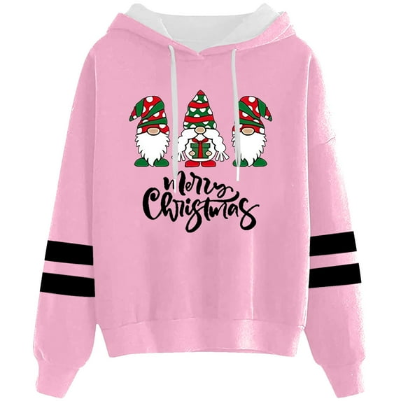 Telankuip Christmas Hoodies for Women Vintage Cute Santa Claus Casual Soft Comfort Xmas Sweatshirts Trendy Letter Printed Striped Long Sleeve Loose Drawstring Pullover Tops Pink XL