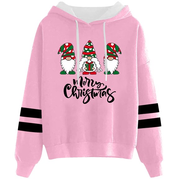 Telankuip Christmas Hoodies for Women Vintage Cute Santa Claus Casual Soft Comfort Xmas Sweatshirts Trendy Letter Printed Striped Long Sleeve Loose Drawstring Pullover Tops Pink S
