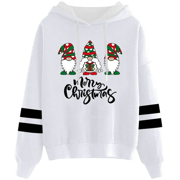 Telankuip Christmas Hoodies for Women Vintage Cute Santa Claus Casual Soft Comfort Xmas Sweatshirts Trendy Letter Printed Striped Long Sleeve Loose Drawstring Pullover Tops White XL