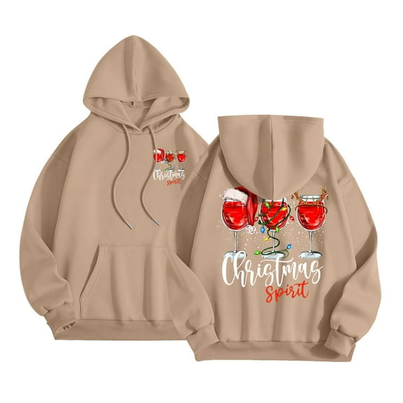Telankuip Christmas Loose Comfy Hoodies for Women Drop Shoulder Long Sleeve Fashion Wine Glass Graphic Sweatshirts 2025 X-Mas Letter Print Drawstring Pullover Tops with Pocket Khaki S