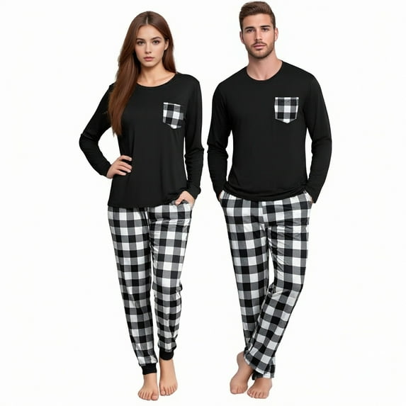 Telankuip Christmas Pajamas Set for Women Long Sleeve Crewneck Tops and Plaid Print Tapered Leg Pants Soft Comfortable Sleepwear Xmas 2 Piece Pjs Sets with Pockets 3-Black XL