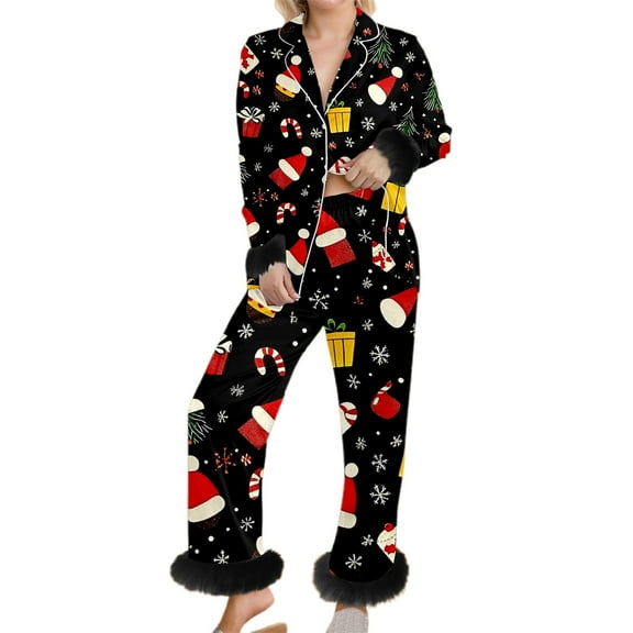 Telankuip Christmas Pajamas for Women 2 Piece Sets Xmas Sleepwear Outfits Faux Fuzzy Trim Holiday Pjs Long Sleeve Button down Shirts and Elastic Waist Wide Leg Pants 14-Black XL