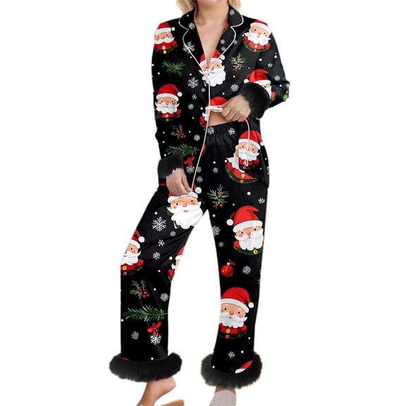 Telankuip Christmas Pajamas for Women 2 Piece Sets Xmas Sleepwear Outfits Faux Fuzzy Trim Holiday Pjs Long Sleeve Button down Shirts and Elastic Waist Wide Leg Pants 9-Black XL