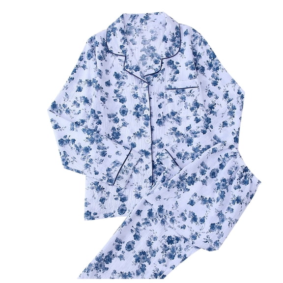 Telankuip Christmas Pajamas Womens Cute Striped Bow Printed Button down Long Sleeve Tops Wide Leg Pants 2 Piece Pjs Soft Comfort Loungewear Ladies Sleepwear 1-Blue M