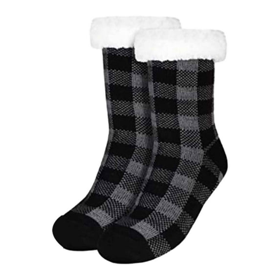 Telankuip Christmas Plaid Print Slipper Socks for Women Grippers Thick Knit Mid-Calf Slipper Socks with Sole Non Skid Bottom Warm Cozy Indoor House Snow Slipper Sock Grey One Size