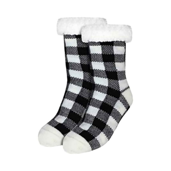 Telankuip Christmas Plaid Print Slipper Socks for Women Grippers Thick Knit Mid-Calf Slipper Socks with Sole Non Skid Bottom Warm Cozy Indoor House Snow Slipper Sock Black One Size