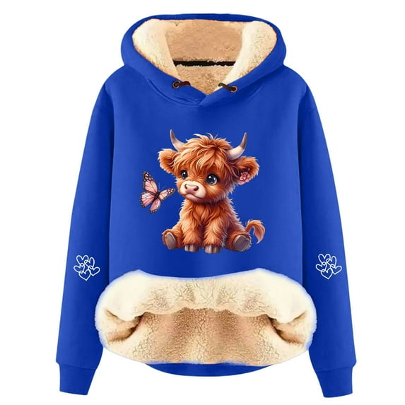Telankuip Christmas Sherpa Lined Hoodies for Women Cute Highland Cow Graphic Print Oversized Warm Sweatshirts Long Sleeve Fleece Lined Comfort Soft Xmas Holiday Hooded Pullovers Blue L