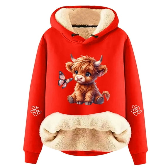 Telankuip Christmas Sherpa Lined Hoodies for Women Cute Highland Cow Graphic Print Oversized Warm Sweatshirts Long Sleeve Lined Comfort Soft Xmas Holiday Hooded Pullovers Red XXXL
