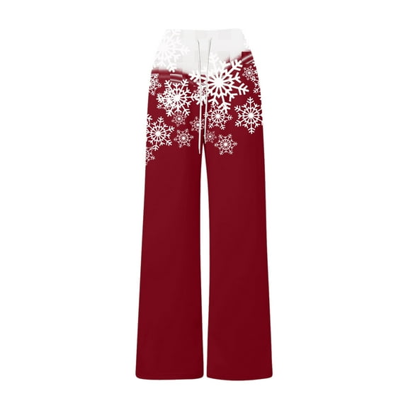 Telankuip Christmas Snowflakes Print Baggy Wide Leg Sweatpants for Women Fall Fashion Drawstring High Waist Baggy Joggers Loungewear Straight Workout Pants with Pocket Wine L