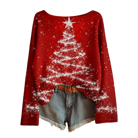Telankuip Christmas Sweaters for Women Boat Neck Imitation Ribbing Knit Sweater Pullovers 2025 Trendy Long Sleeve Drop Shoulder Xmas Tree Printed Holiday Tops Wine XL
