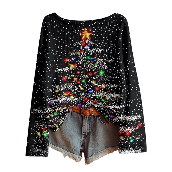Telankuip Christmas Sweaters for Women Boat Neck Imitation Ribbing Knit Sweater Pullovers 2025 Trendy Long Sleeve Drop Shoulder Xmas Tree Printed Holiday Tops Black L