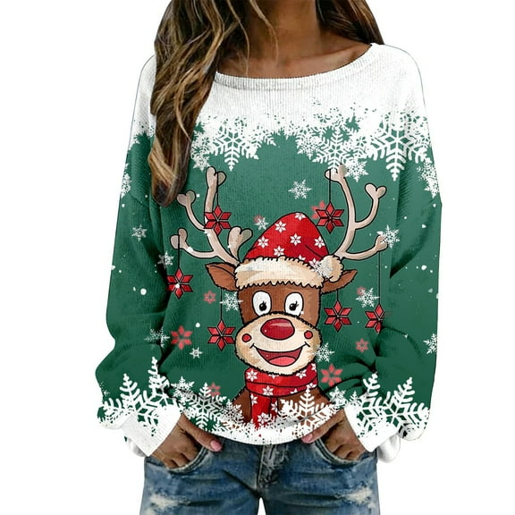 Telankuip Christmas Sweaters for Women Trendy Oversized Holiday Cozy Ribbed Crewneck Fall Pullover Sweater Xmas Theme Printed Long Sleeve Loose Knit Tops Green M