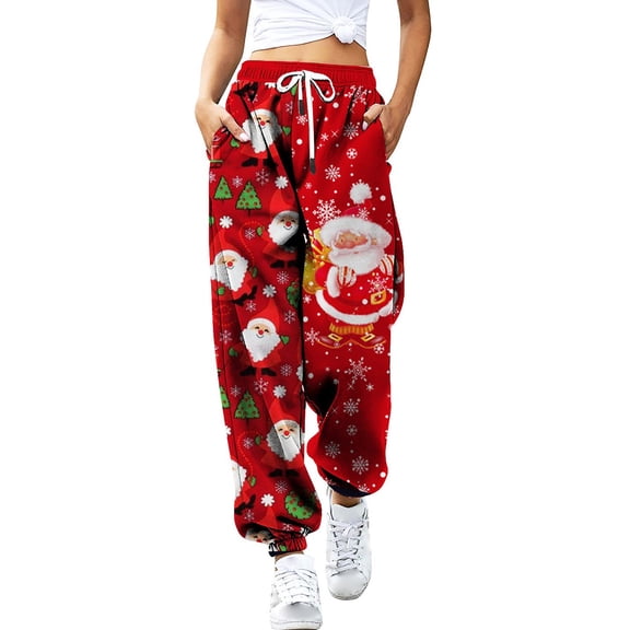 Telankuip Christmas Sweatpants for Women High Waisted Drawstring Baggy Cinch Bottom Sweatpants Cute X-Mas Theme Printed Casual Joggers Holiday Soft Comfy Stylish Long Pants Wine L