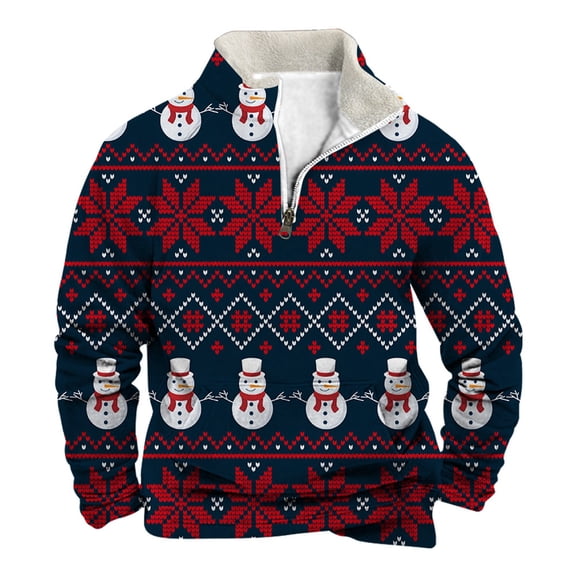 Telankuip Christmas Sweatshirts for Men Fashion Xmas Graphic Print Quarter Zipper Pullover Sweatshirt Long Sleeve Fleece Stand Collar Loose Winter Warm Comfort Retro Tops Navy4 XL