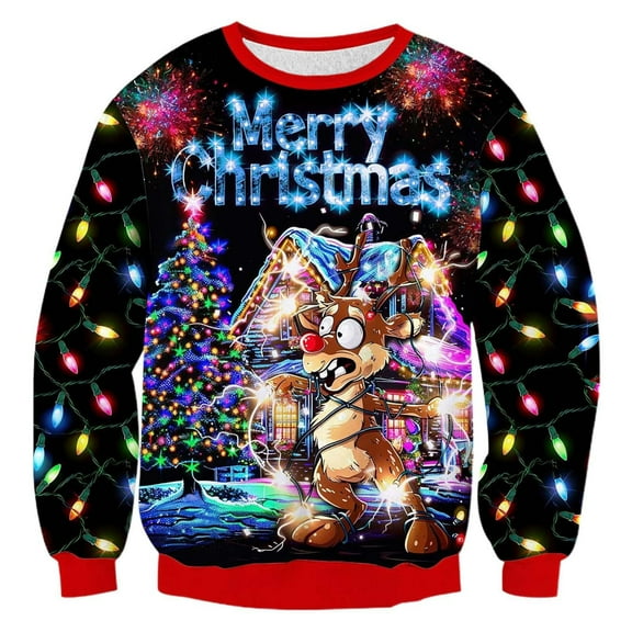 Telankuip Christmas Sweatshirts for Men Women Funny Animal Graphic Long Sleeve Crewneck Pullovers Shimmer 3D Print Xmas Holiday Stylish Winter Warm Tops Black2 M