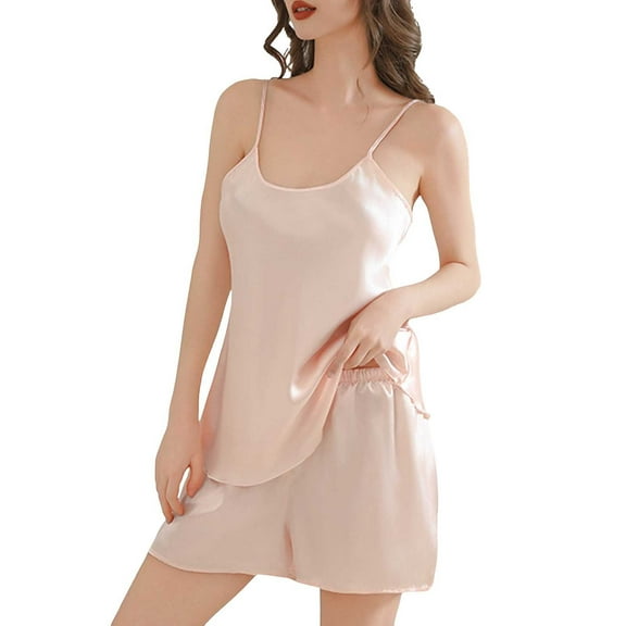 Telankuip Clearance Womens Summer Pajamas Sets with Shorts,Gilrs 2 Piece Pjs Set Womens 2-Piece Nightgown Satin Nightie with Pockets Nightwear Set Brown XL