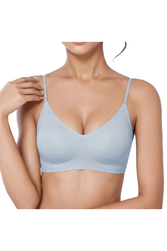 Comfortable Jelly Bras for Women V-Neck Smoothing Seamless Stretch Push up Bralettes Supportive No Underwire Spaghetti Strap Solid Color Casual Soft Tshirt Bra 1-Light Blue M