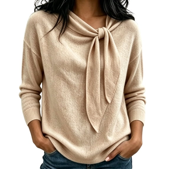 Telankuip Cowl Neck Cute Sweaters for Women Lightweight Long Sleeve Sweater Knit Pullover Tops Elegant Solid Color Bow Tie Front Soft Cozy Casual Top Fall Winter Casual Outfits
