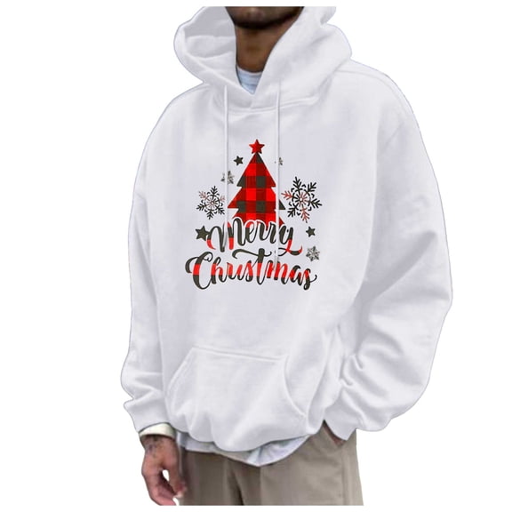 Telankuip Cozy Christmas Hoodies for Men Unique Plaid Xmas Tree Prints Festive Holiday Sweatshirts Merry Xmas Cute Reindeer Graphic Long Sleeve Loose Winter Pullover Tops White S