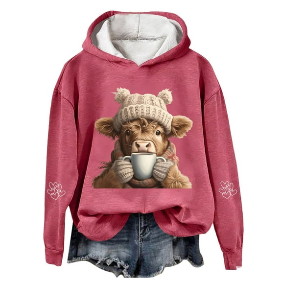 Telankuip Cute Highland Cow Drinking Coffee Graphic Womens Hoodies 2025 Christmas Long Sleeve Comfort Warm Sweatshirts Fall Winter Baggy Fun Print X-Mas Holiday Hooded Tops Watermelon Red XL